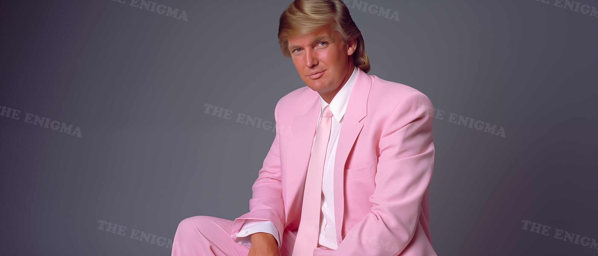 Young Trump in pink and white suit