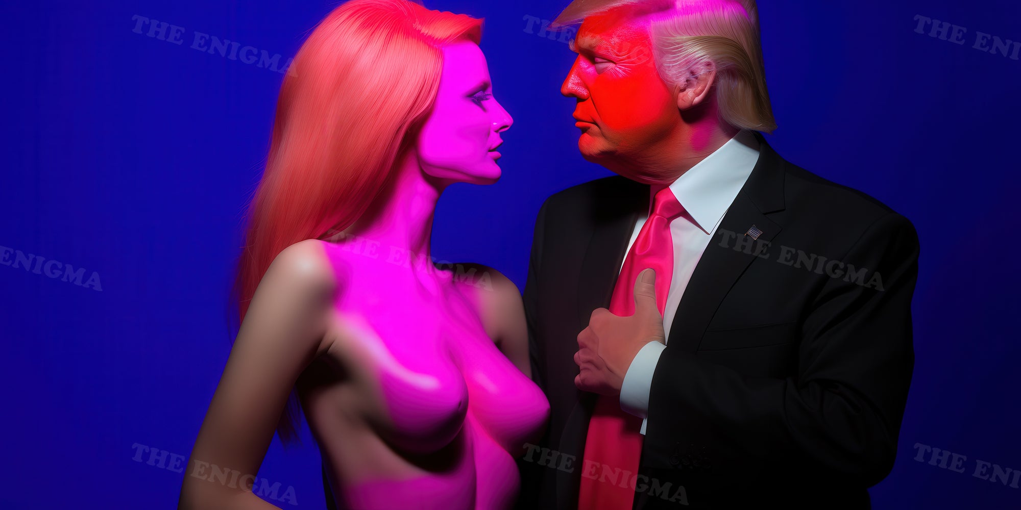 Trump in neon lights with woman