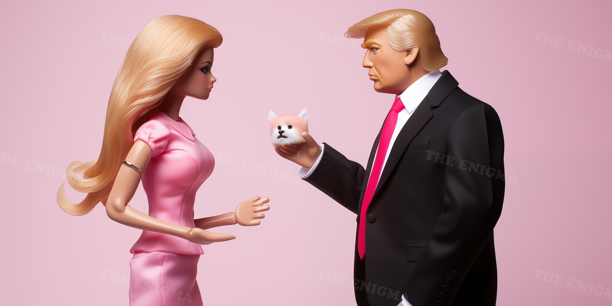 Toy Trump with toy woman hold head of toy dog