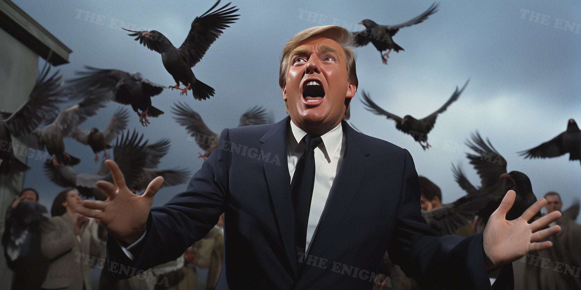 Trump runs with birds behind him